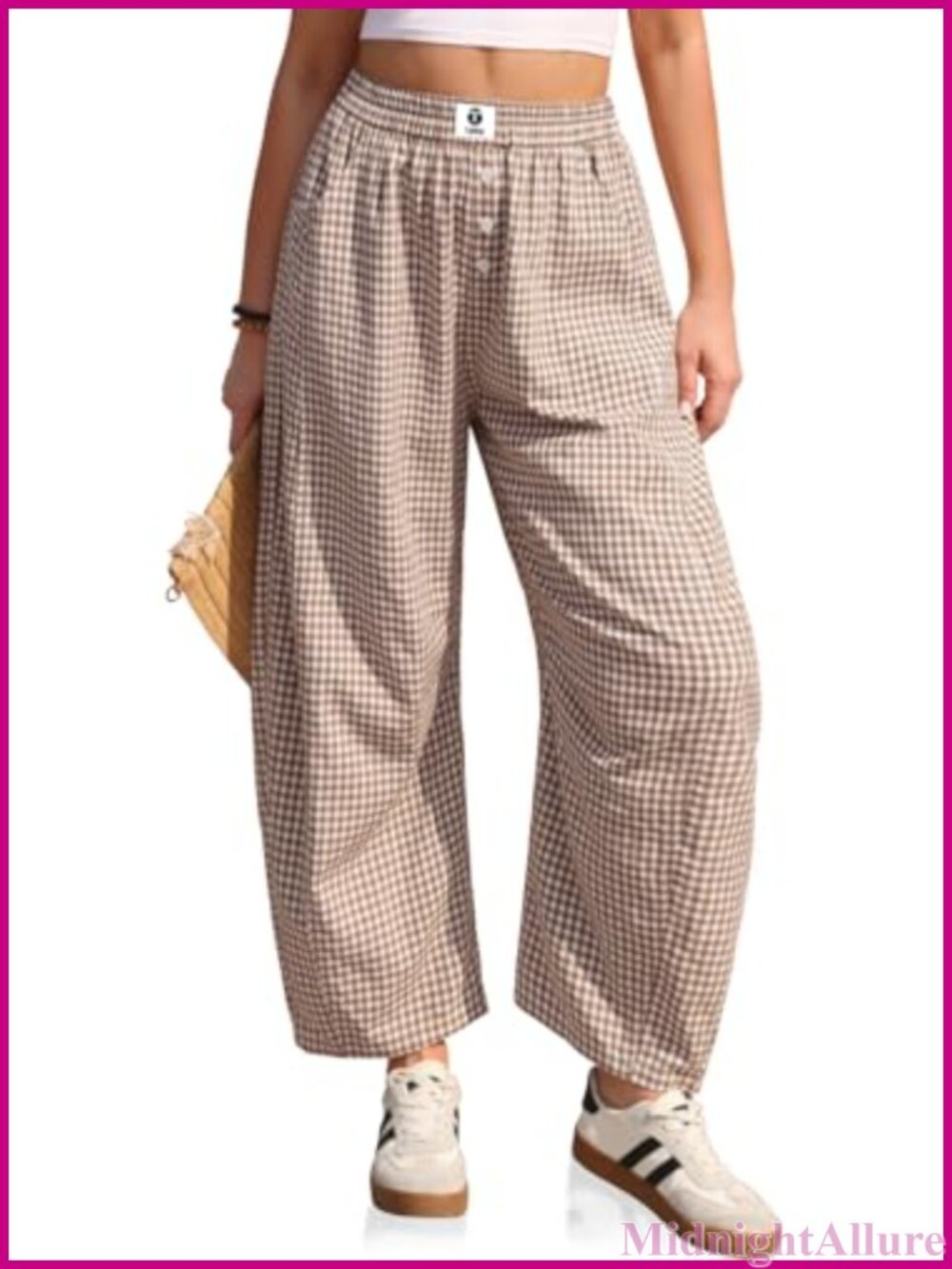 Women's Gingham Barrel Pants Wide Leg Linen Blend Trousers